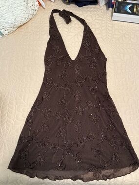 Motel Rocks Brown Halter Mini Dress with Floral Embroidery